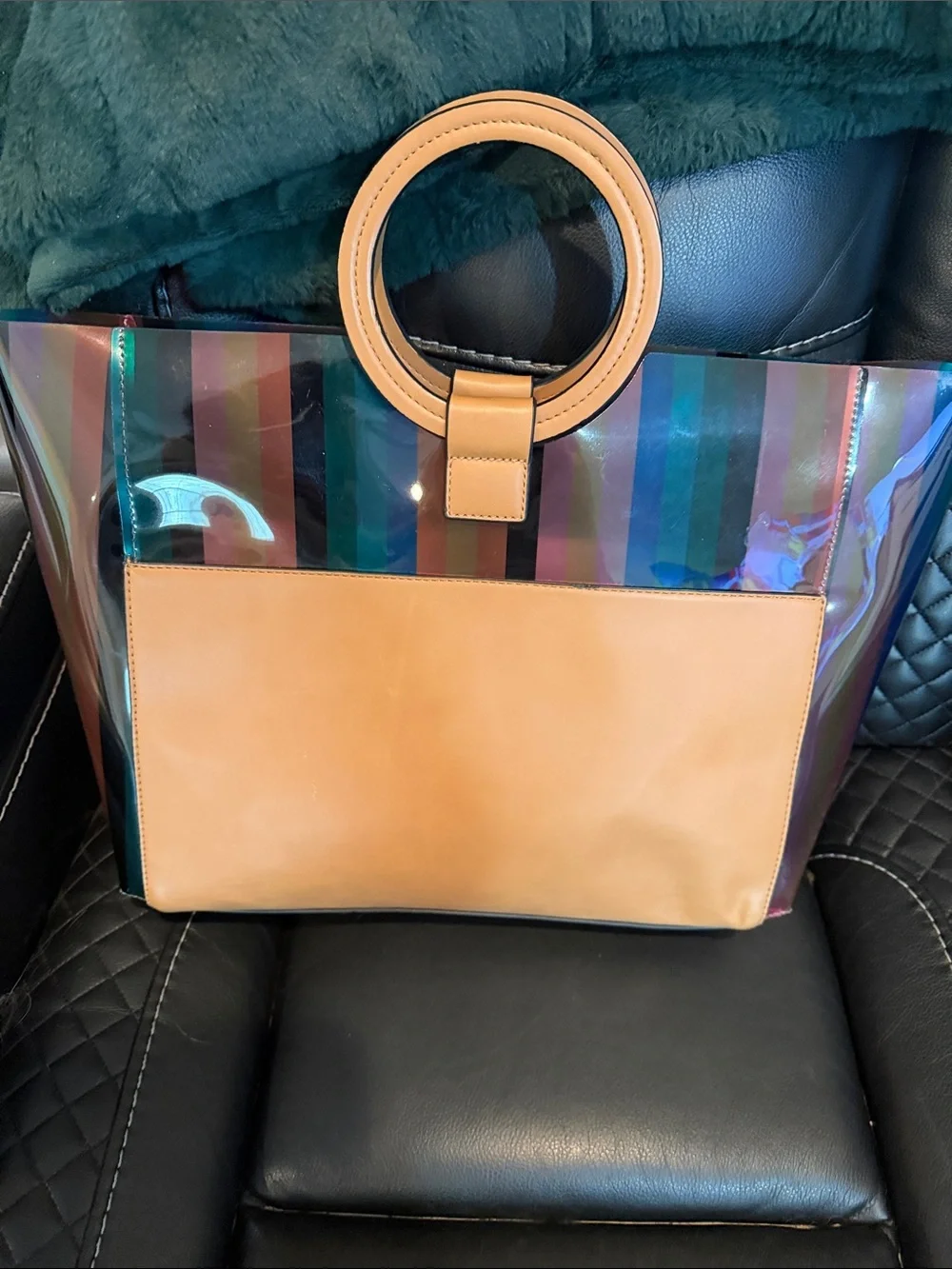 Vince Camuto Tan Leather Accent Clear Tote Bag with Round Handles